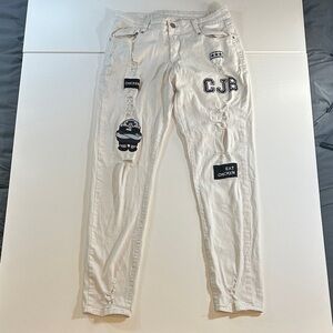 Distressed Streetwear Skinny Jeans White with Patches CJB and Eat Chicken 28/28”